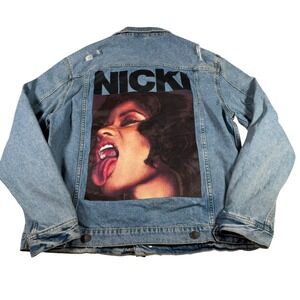 H&M Nicki Minaj Denim Jacket Women Large Blue Distressed Graphic 2017 READ